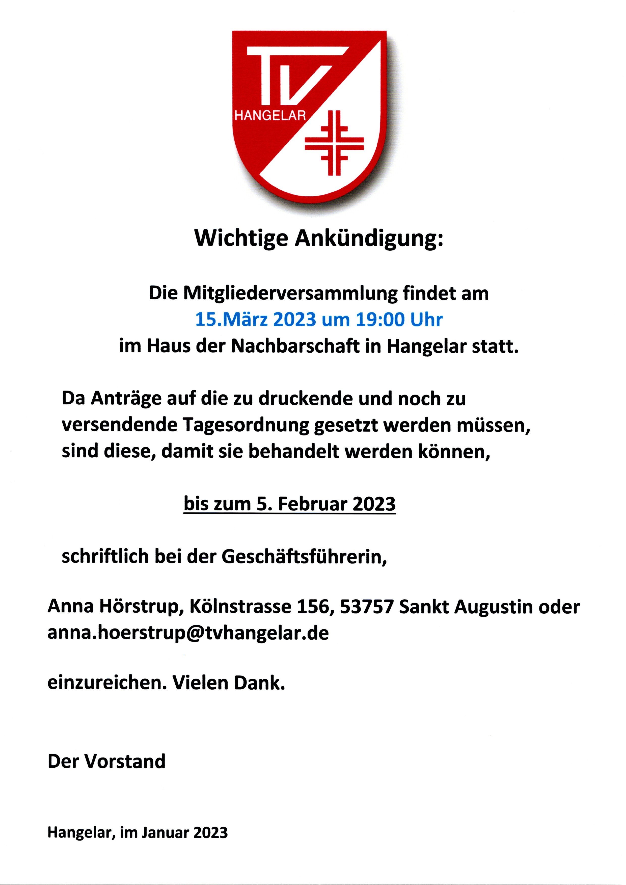 Wichtige Ankündigung MV 2023 mit Terminangabe